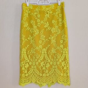 J. Crew Chantilly Yellow Neon Lace Midi Pencil Skirt Whimsical Business -Size 00